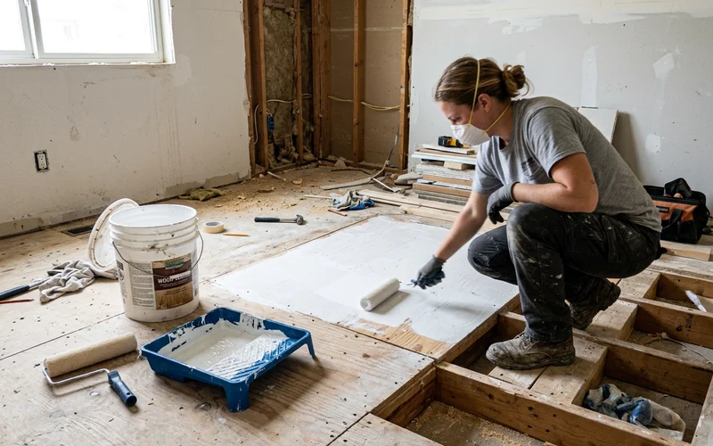 Antimicrobial encapsulation being applied to exposed subfloor