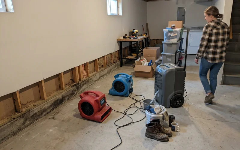 Basement drywall cut back above the water line with drying equipment running