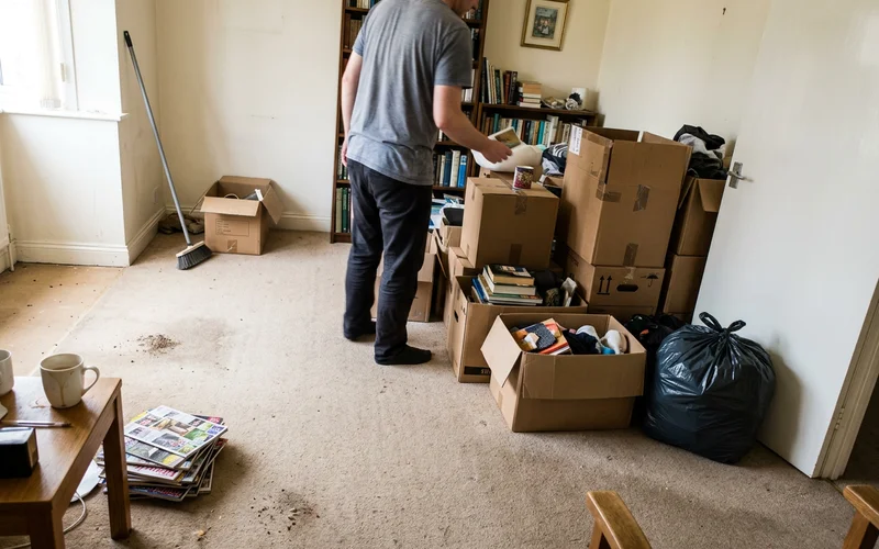 A room half cleared, showing progress during a cleanout