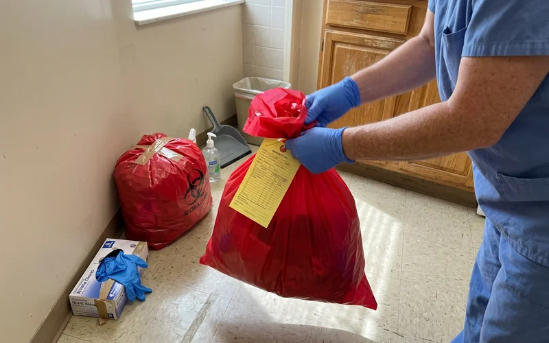 A red-bag waste container being sealed with a manifest tag