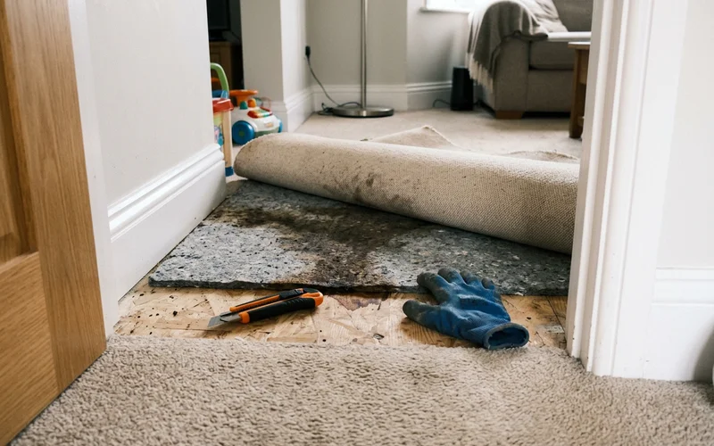 Carpet peeled back revealing staining in the padding and subfloor