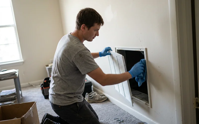 An HVAC return vent being removed during residue decontamination