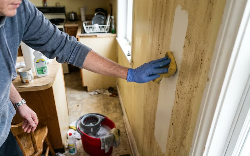 Nicotine and tar residue being removed from a wall surface