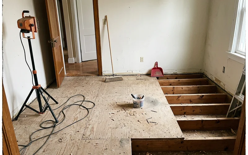 Exposed subfloor and floor joists in a cleared room