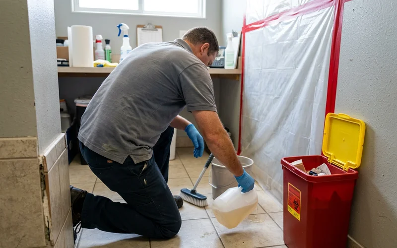 Technician applying enzymatic cleanser during crime scene remediation