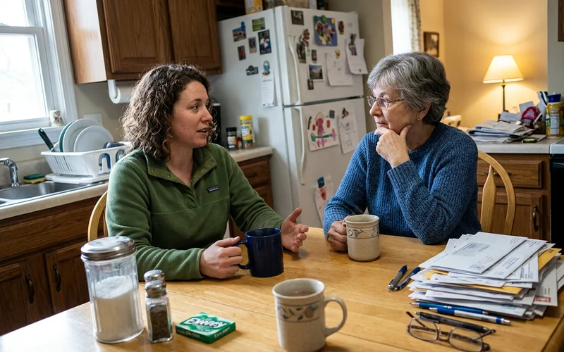 A calm conversation across a kitchen table