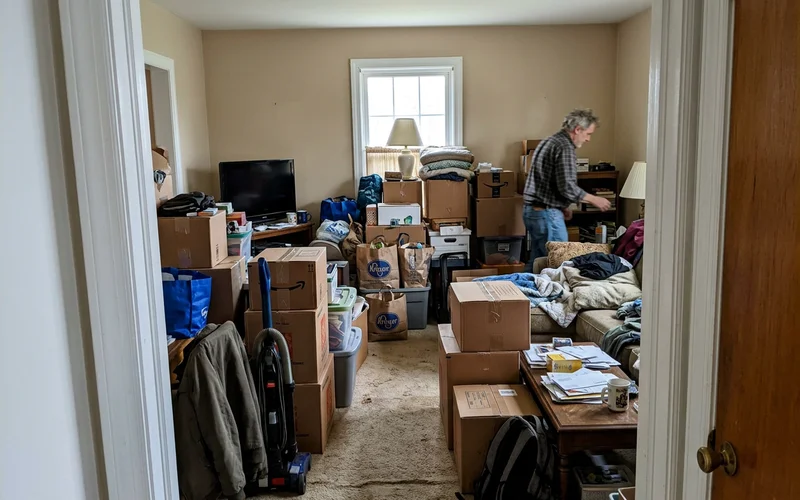 A cluttered living room with a narrow walking path