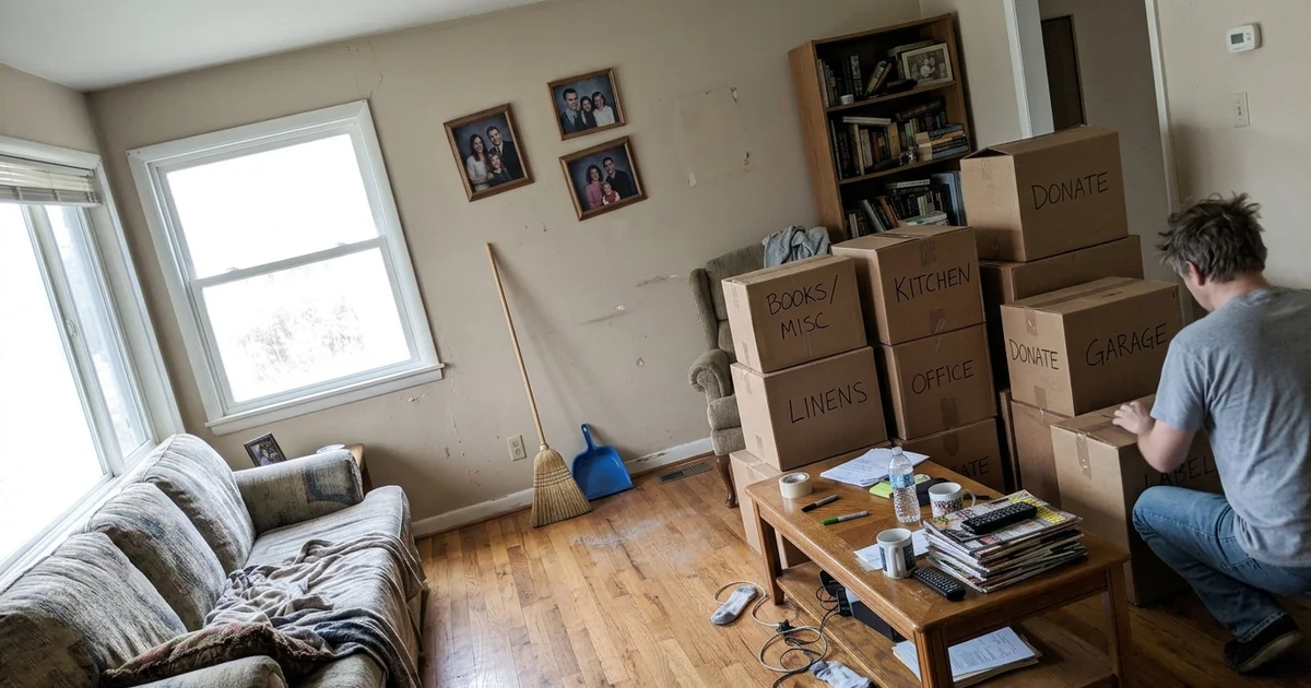 A cluttered living room being sorted during a hoarding cleanup