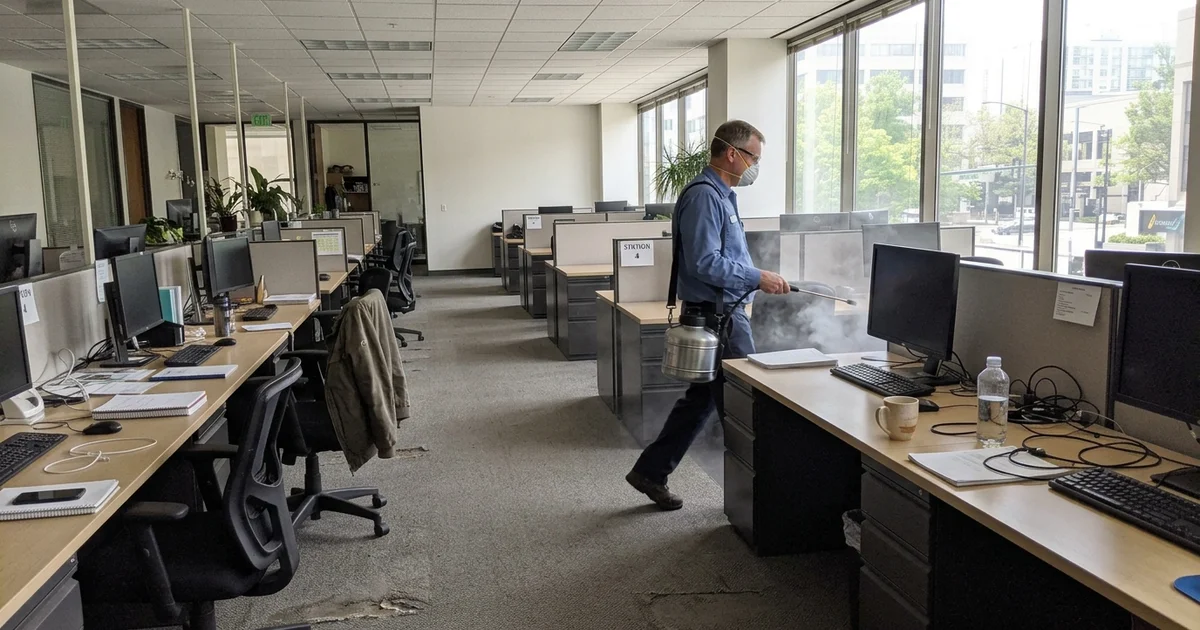 A technician fogging disinfectant across an empty commercial space