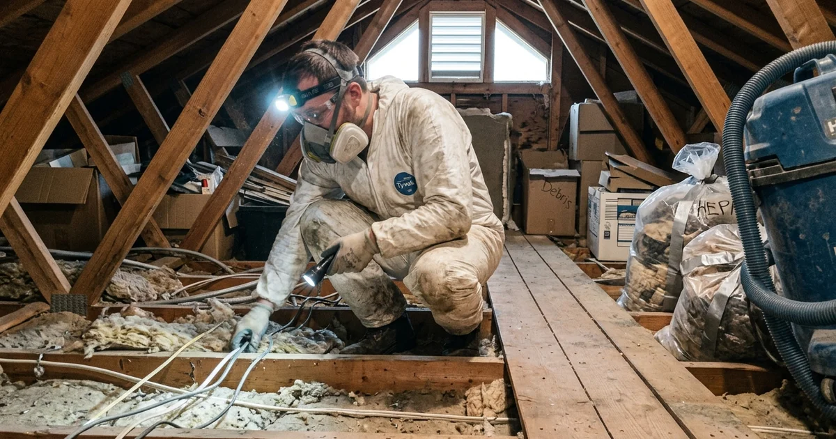 A technician in a respirator assessing a contaminated attic space