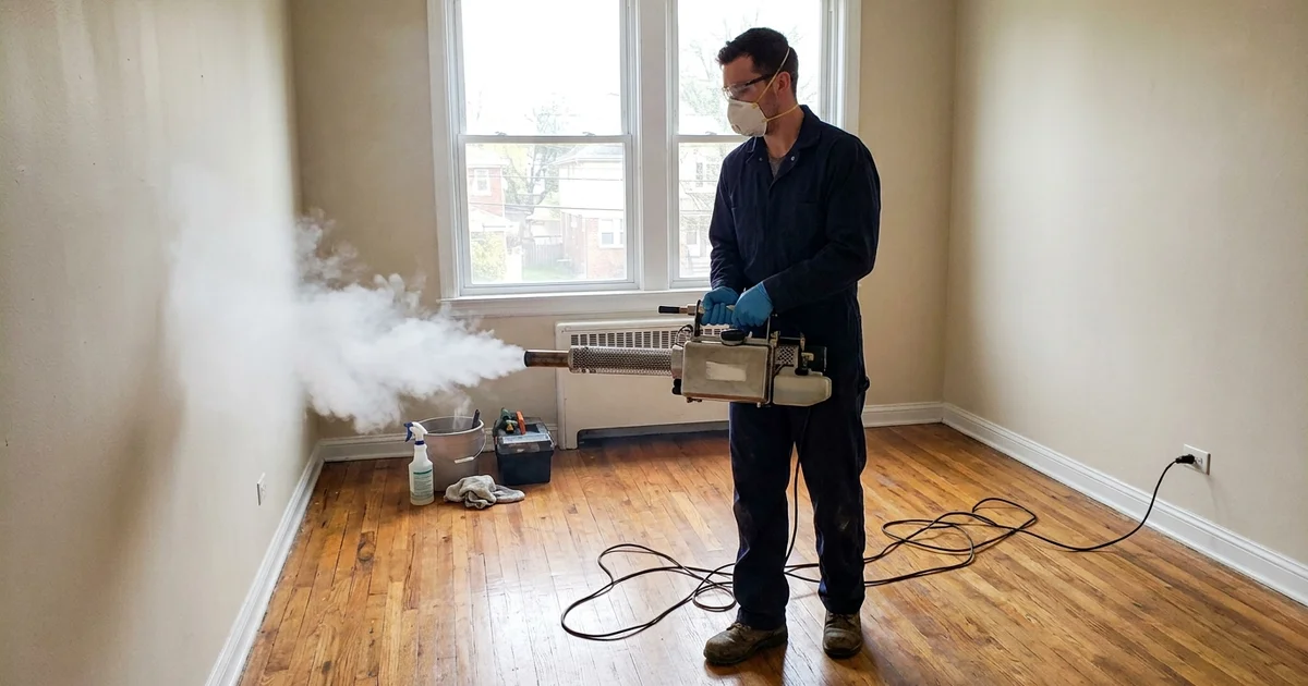 A technician running a thermal fogger in an emptied apartment