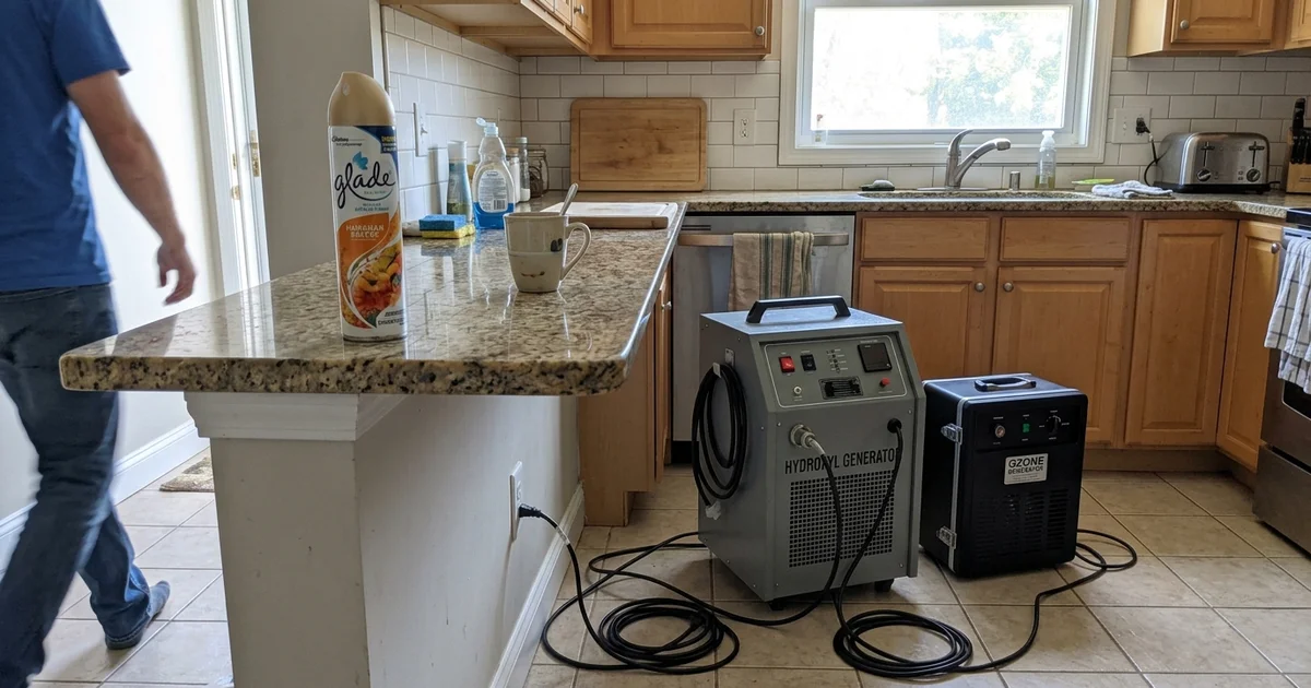 A household spray can beside professional odor removal equipment