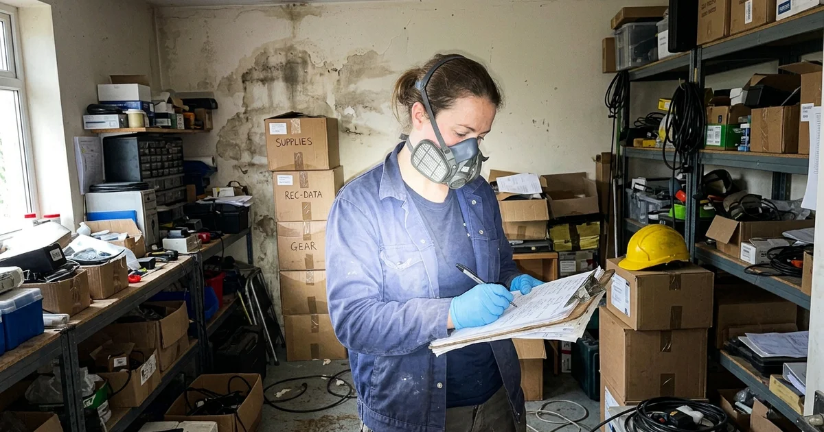 A technician in protective equipment assessing a cluttered room with visible hazards