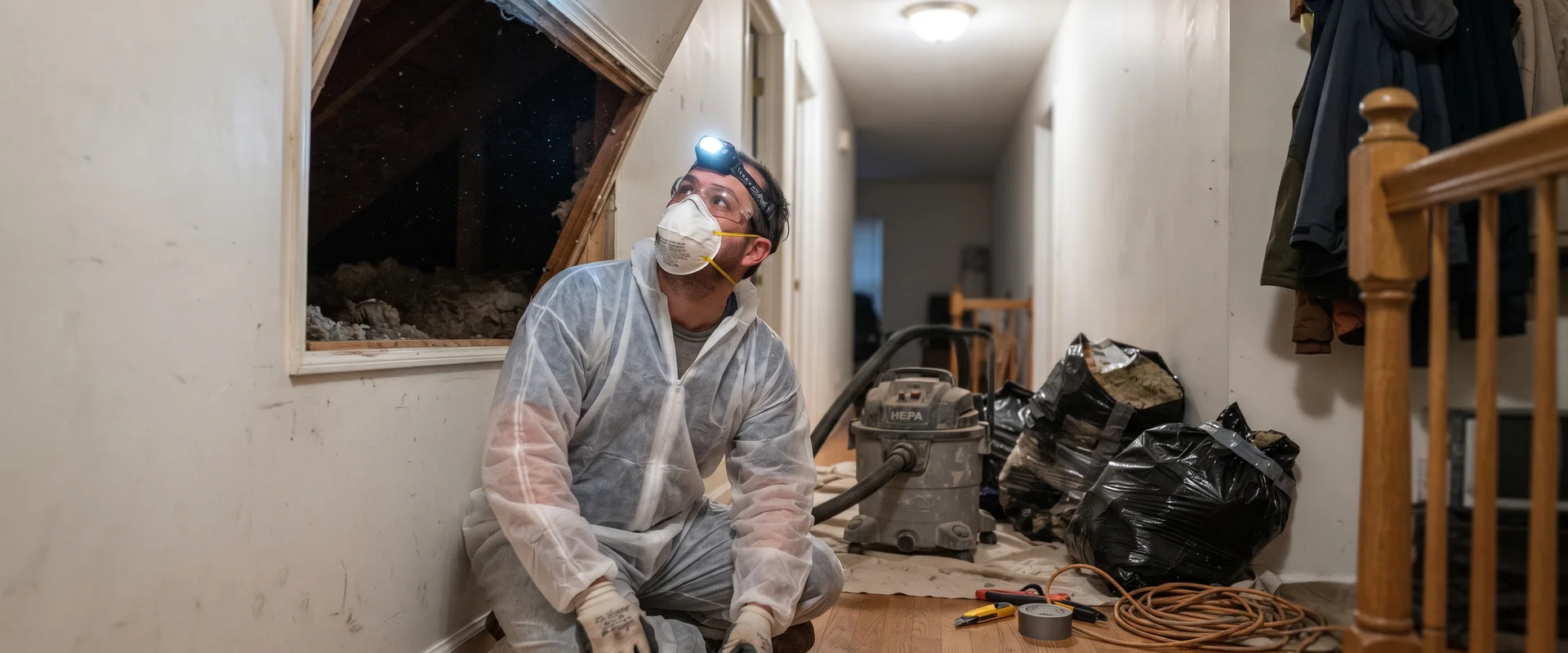 Technician in protective gear assessing a contaminated attic space