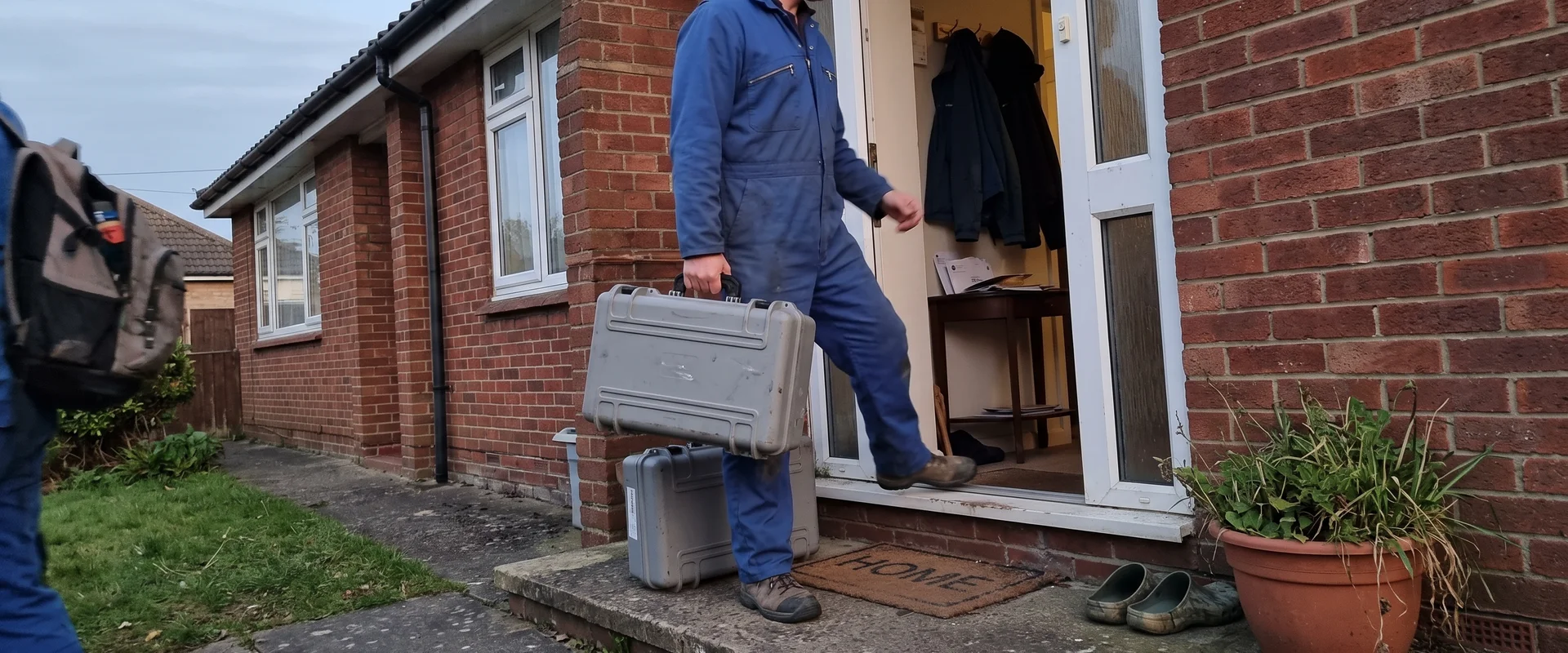 Technician carrying remediation equipment into a Cincinnati home after a scene release